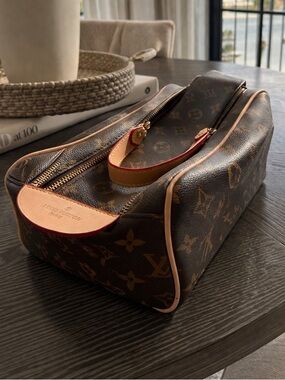 Designer Monogram Canvas Toiletry Pouch with Natural Leather Trim